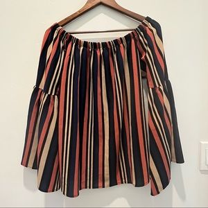 Off-the-shoulder Striped Blouse with Peplum Sleeves in Navy, Orange, Tan, Black